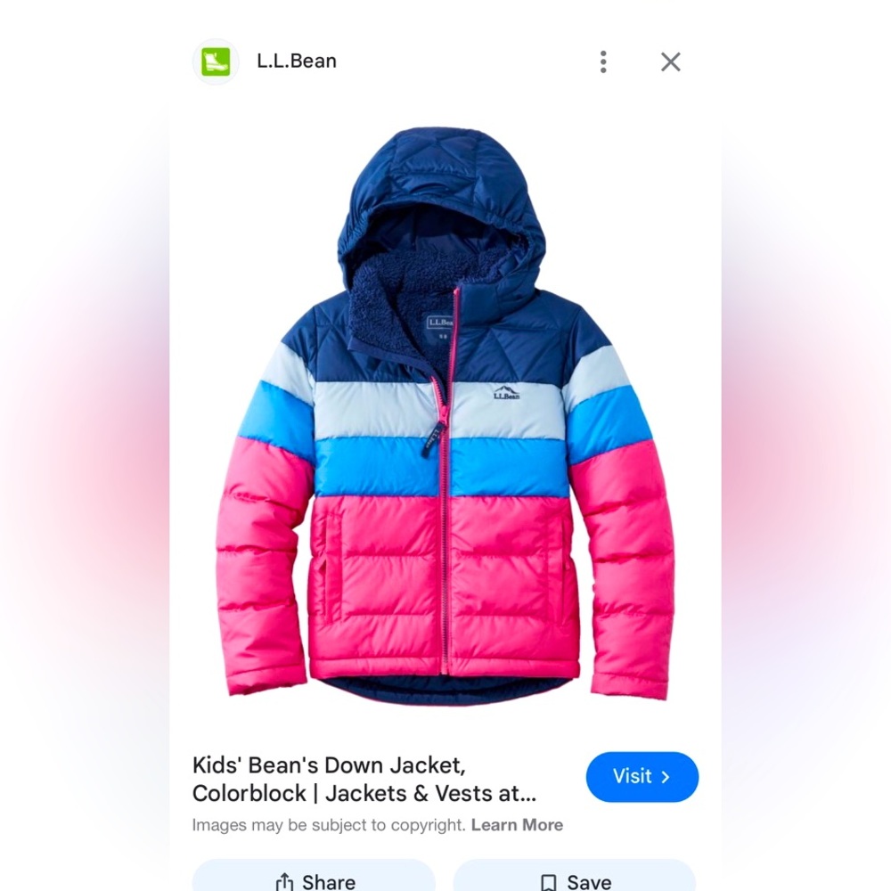Kids LL Bean color block puffer jacket size 10/12